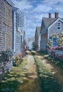 painting of 2 people walking down a dirt path between shingled house.