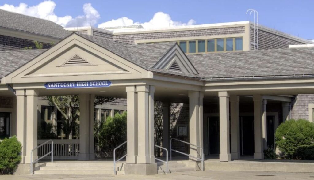 Nantucket High School Entrance. The full covered entry way is visible.